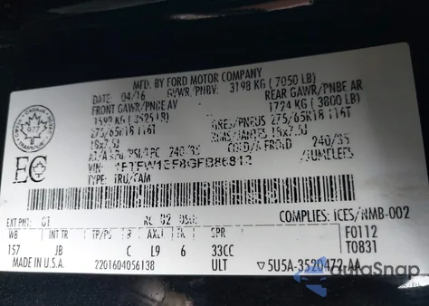 2016 Ford F-150 Xlt from USA, damaged, VIN 1FTFW1EF8GFB86812